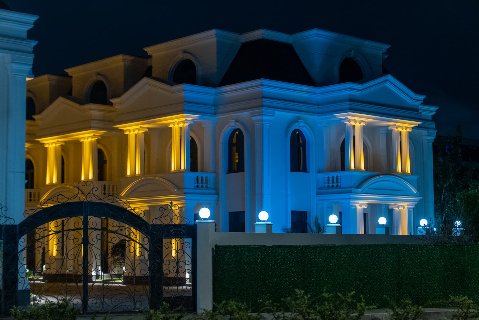 Batumi Villas illuminated facade at night